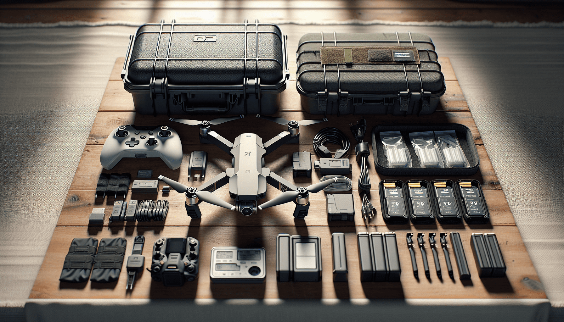 Flatlay of Aero 1 Lite drone and accessories organised for UK travel, showing safe and tidy packing method.