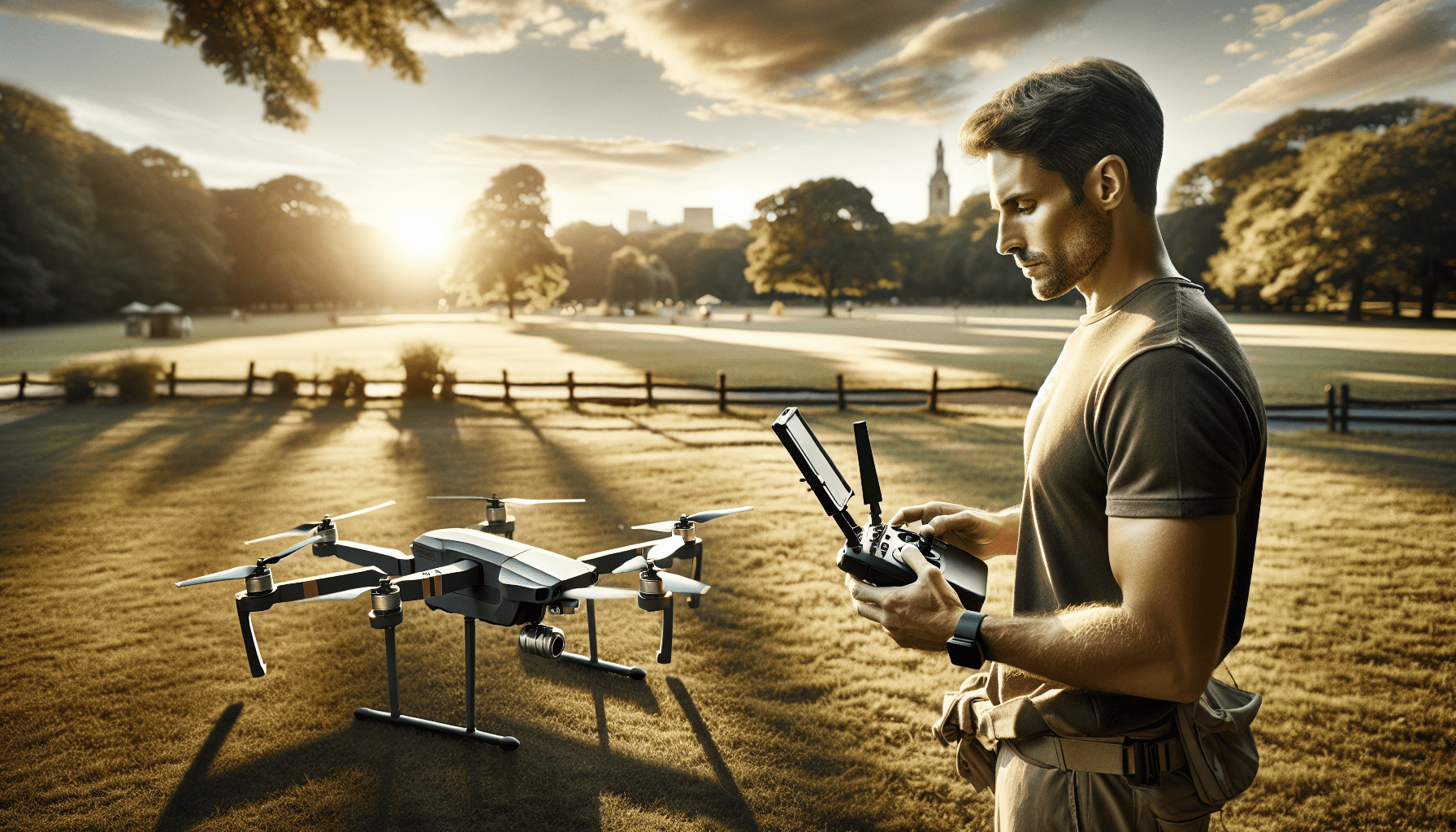 Drone pilot calibrating Aero 3 Lite sensors using a companion app before flight in a safe open environment.