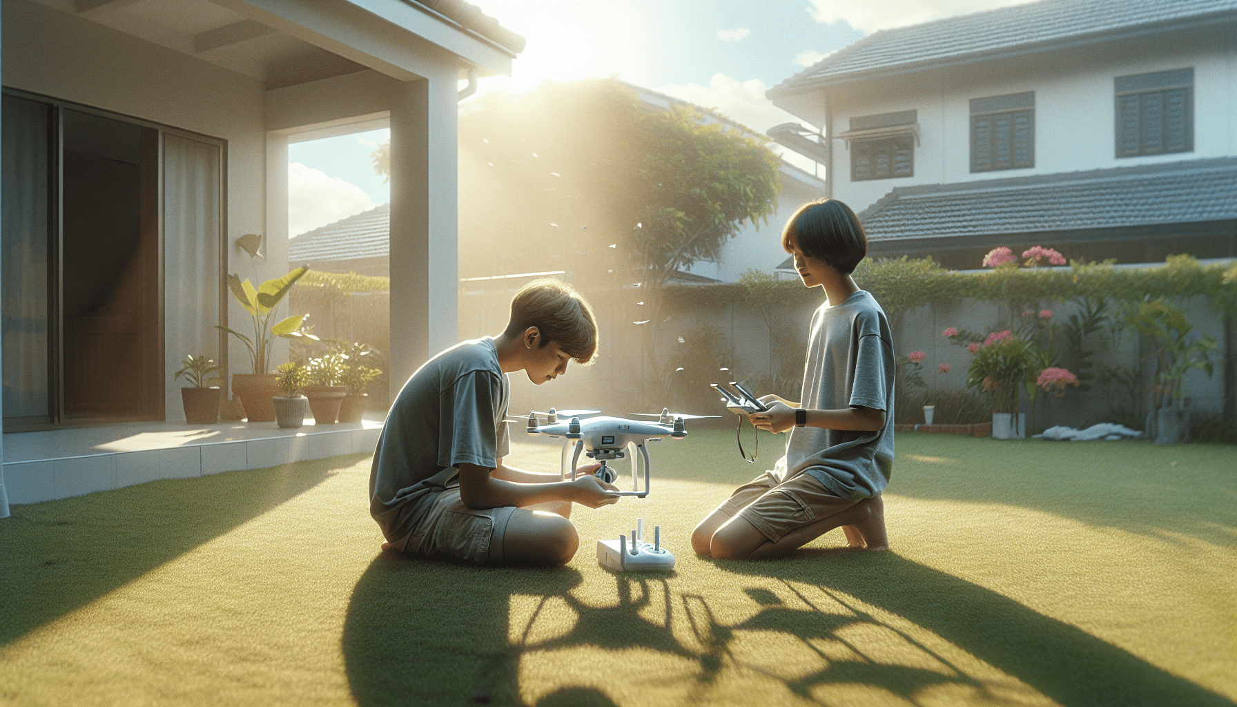 Parent and teen outdoors calibrating Aero 1 Lite drone using remote, supporting safe and interactive setup for beginners.