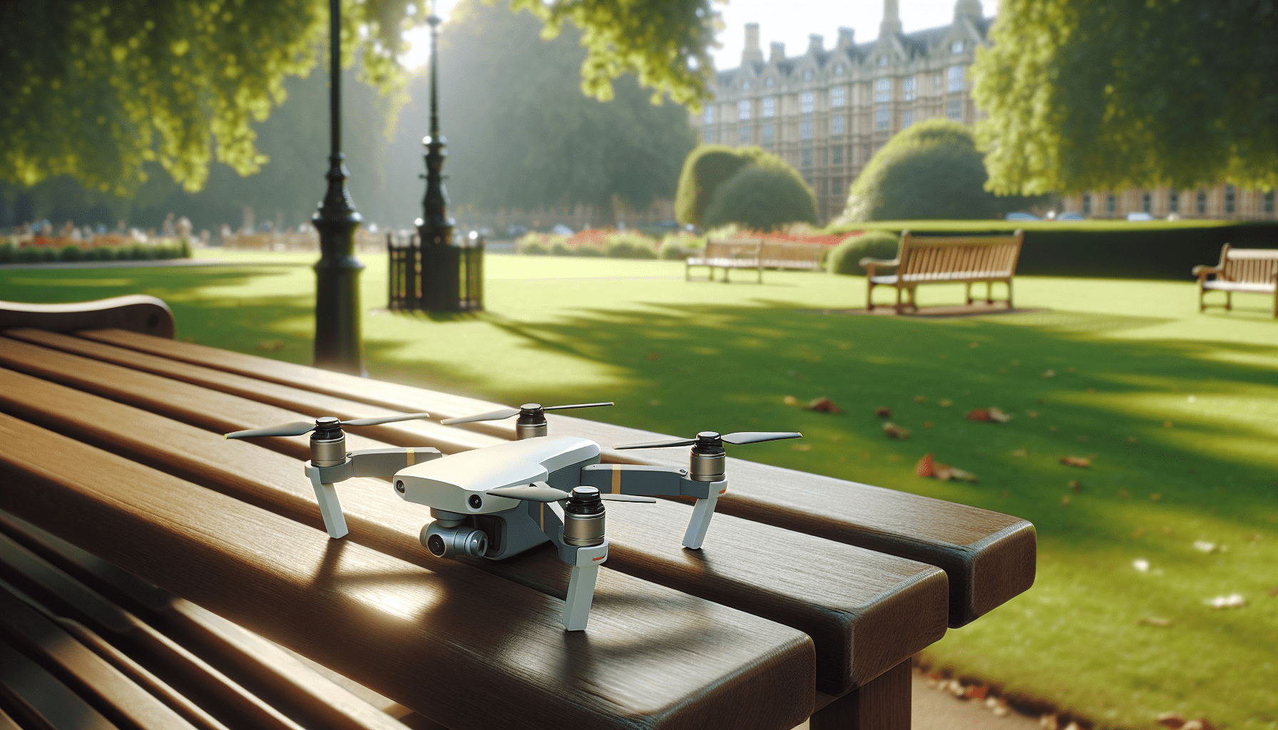 Folded Aero 3 Lite drone resting on a park bench in UK daylight, showing its compact size and 4K camera design.