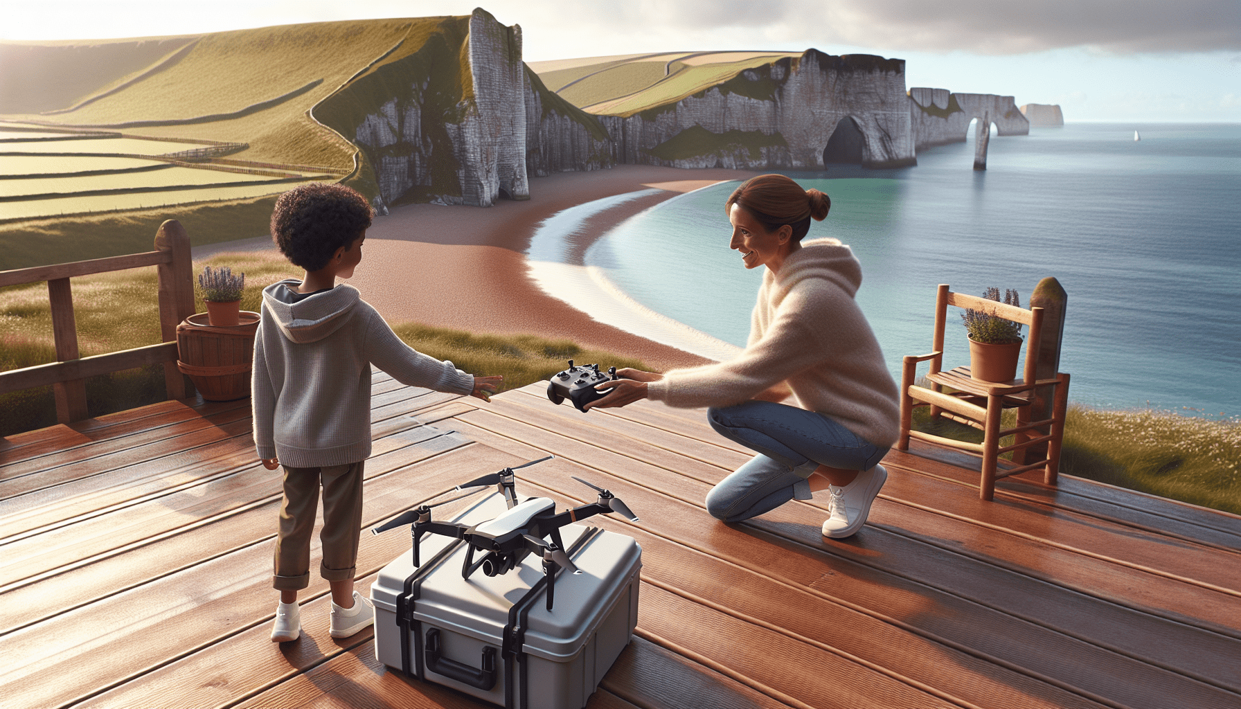 Close-up of Aero 1 Lite drone on travel case by UK coast with parent and child about to fly.