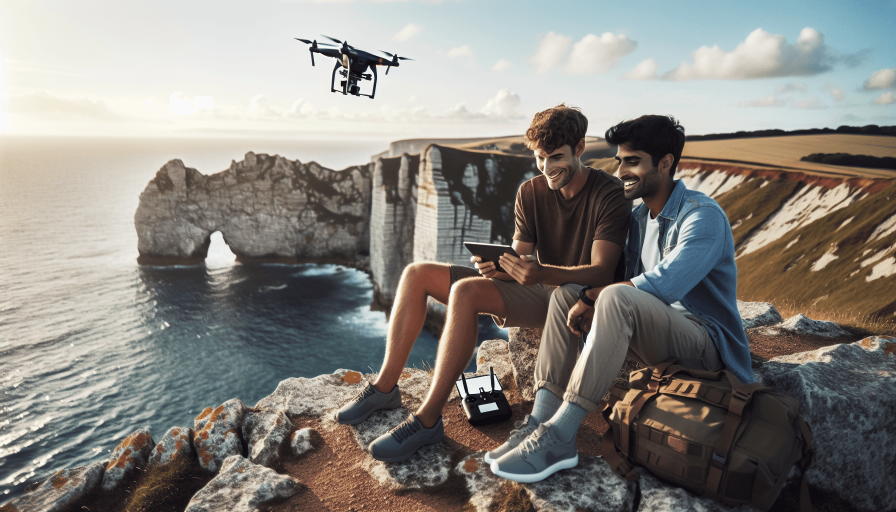 Couple relaxing after drone flight reviewing 4K footage from the best travel drone UK on a tablet near UK cliffs.