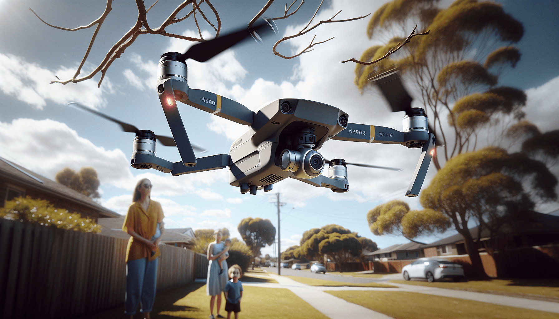 Aero 3 Lite drone using obstacle sensors to avoid a branch during flight, with a family observing safely in the background.
